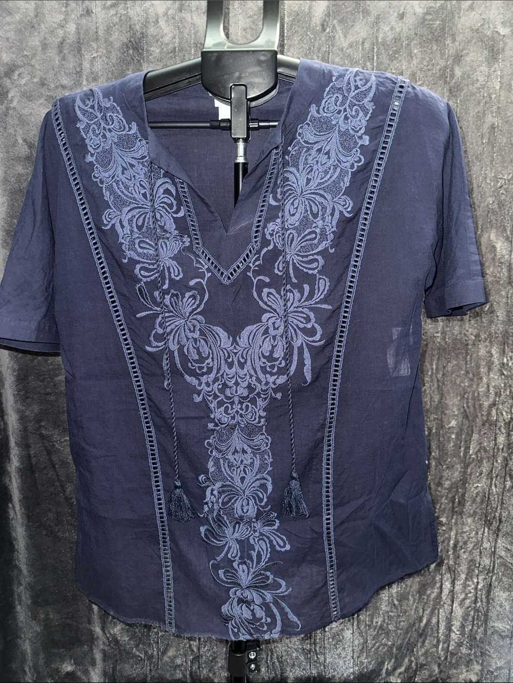 Chico's Navy Embroidered V-Neck Short Sleeve Top
